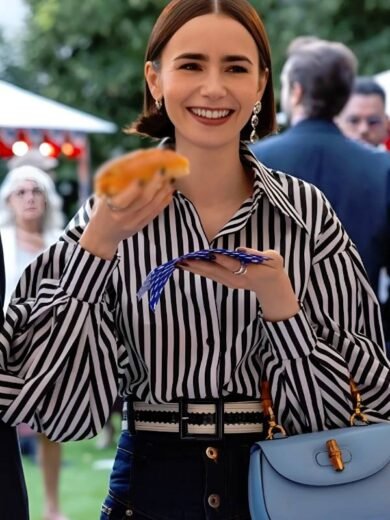 Emily in Paris S5 Lily Collins Balloon Sleeves Stripe Shirt