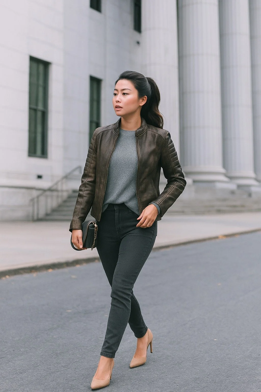 Adalyn Quilted Distressed Brown Leather Biker Jacket