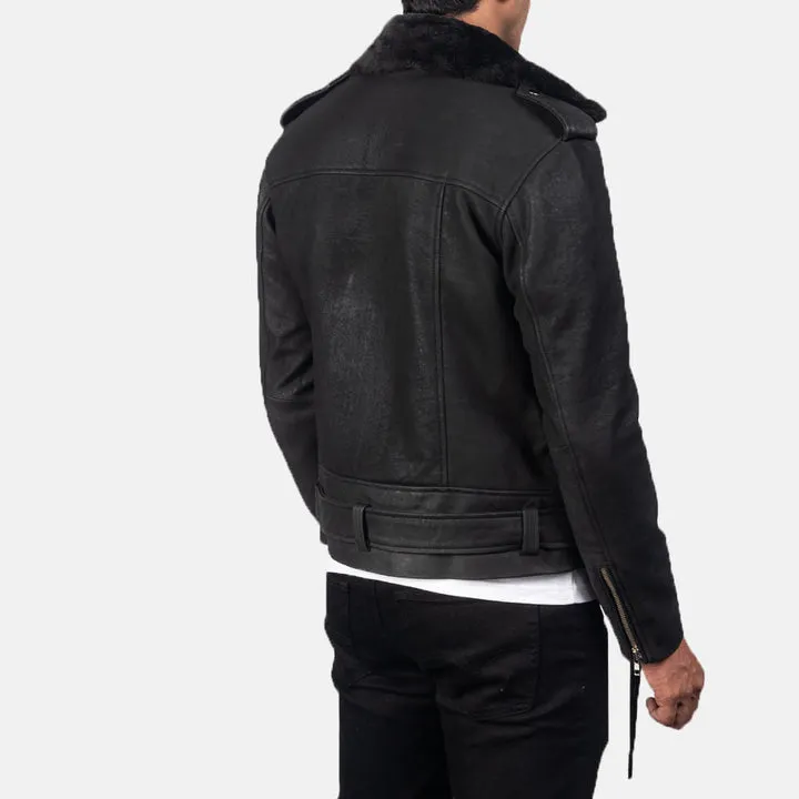 Furton Disressed Black Leather Biker Jacket - Image 6