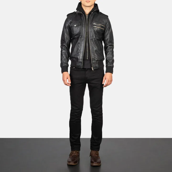 Premium Men's Black Hooded Leather Bomber - Image 3