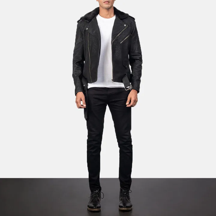 Furton Disressed Black Leather Biker Jacket - Image 3