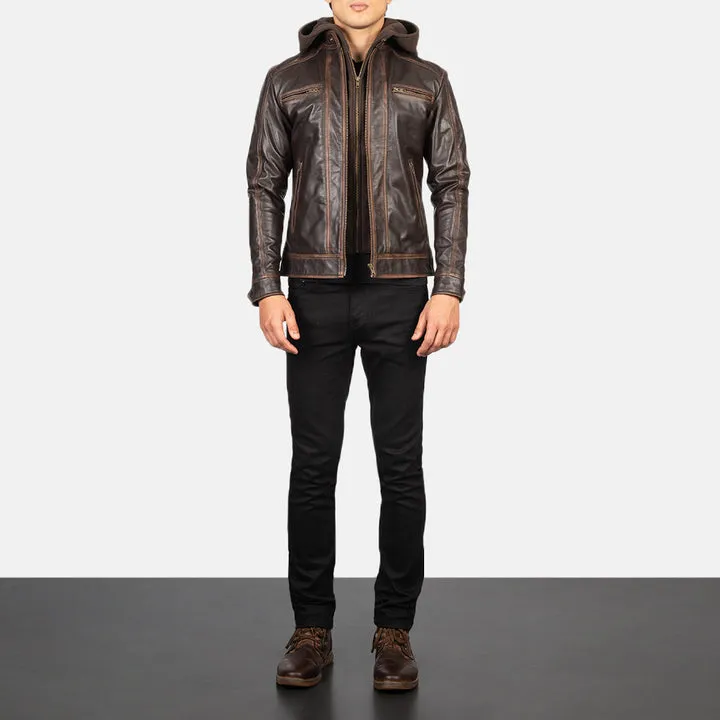 Hector Vintage Brown Hooded Leather Biker Jacket - Image 3