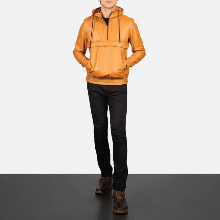 Kenton Hooded Brown Leather Pullover Jacket - Image 3