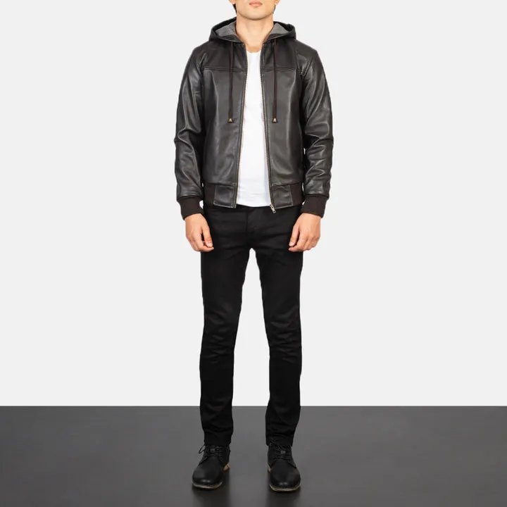 Nintenzo Brown Hooded Leather Bomber Jacket - Image 3