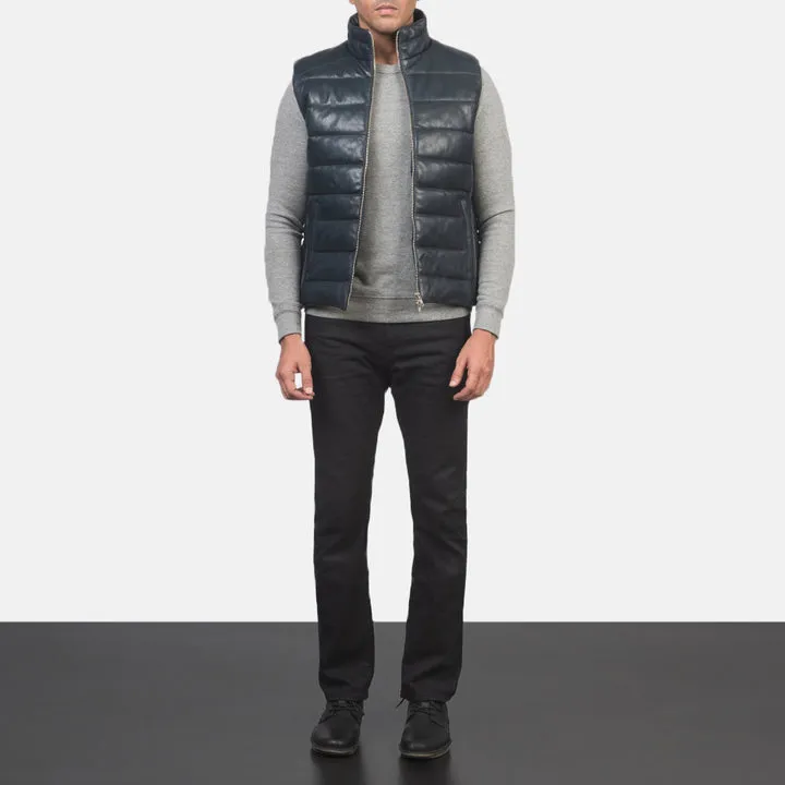 Reeves Blue Leather Puffer Vest - Image 4