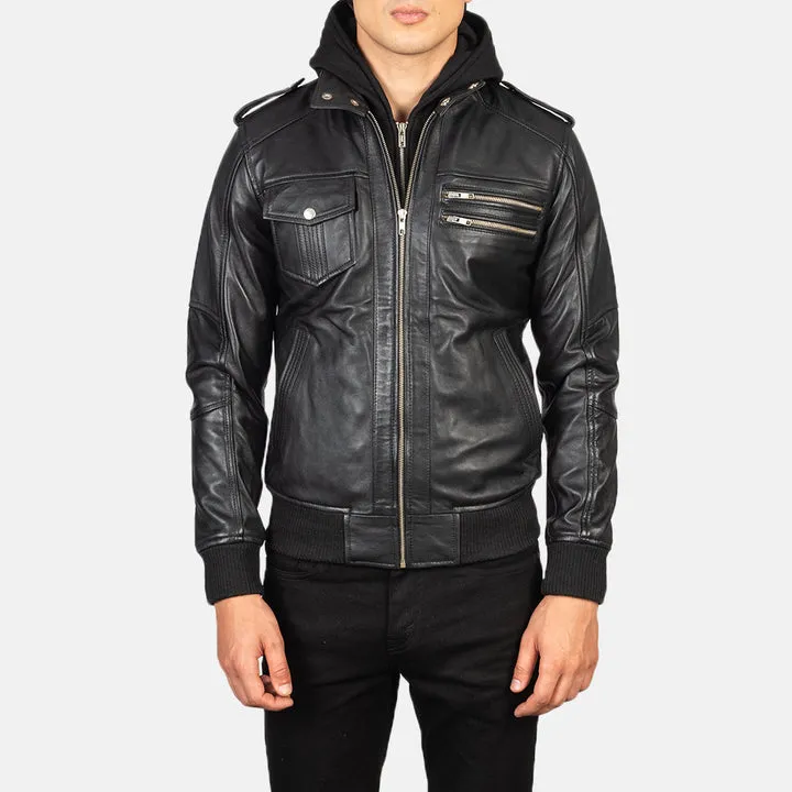 Premium Men's Black Hooded Leather Bomber - Image 4