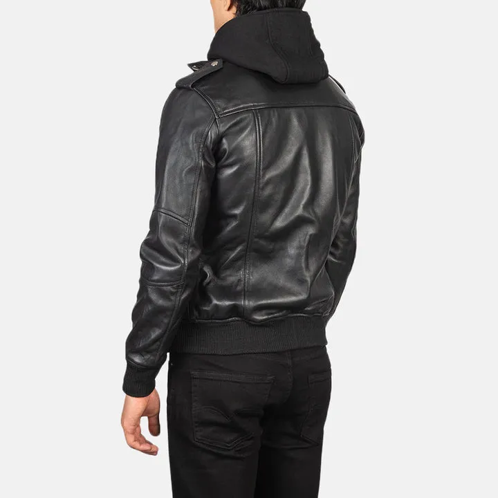 Premium Men's Black Hooded Leather Bomber - Image 5