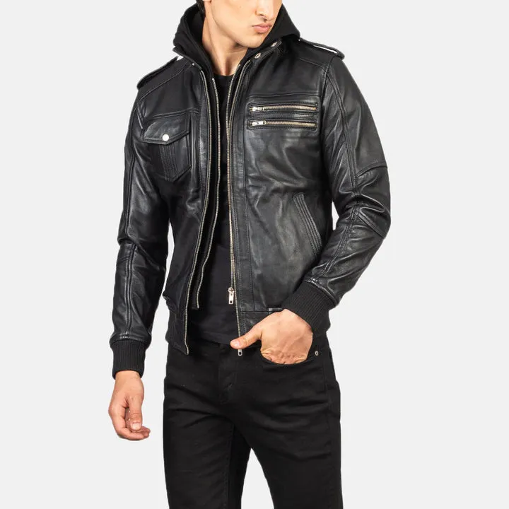 Premium Men's Black Hooded Leather Bomber - Image 6