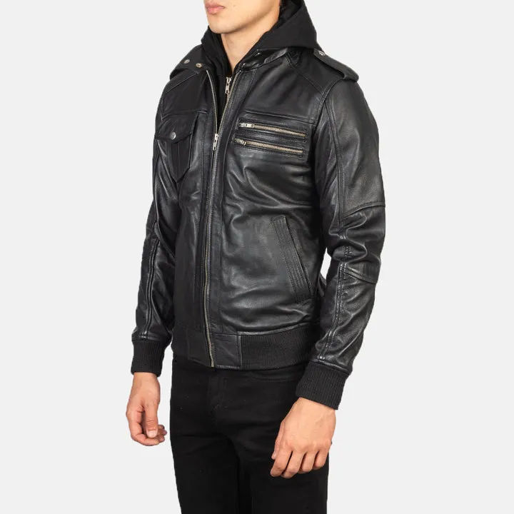 Premium Men's Black Hooded Leather Bomber - Image 2