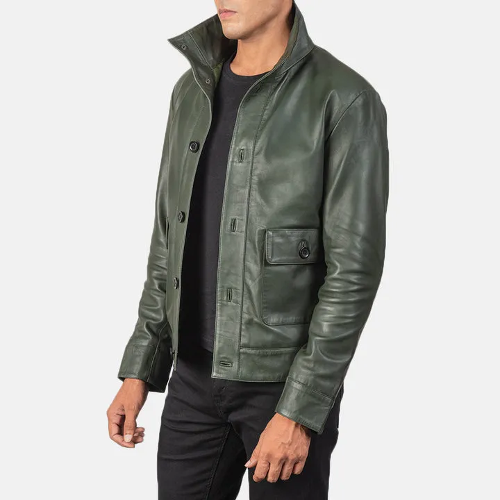 Columbus Green Leather Bomber Jacket - Image 2