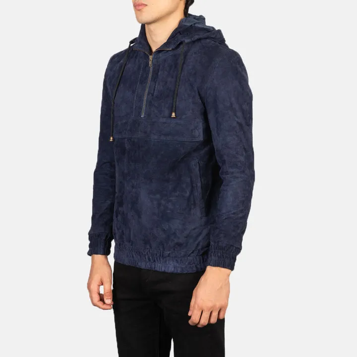 Kenton Hooded Blue Suede Pullover Jacket - Image 2