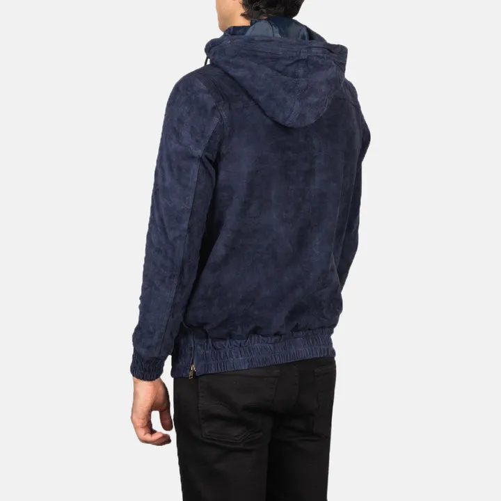 Kenton Hooded Blue Suede Pullover Jacket - Image 5