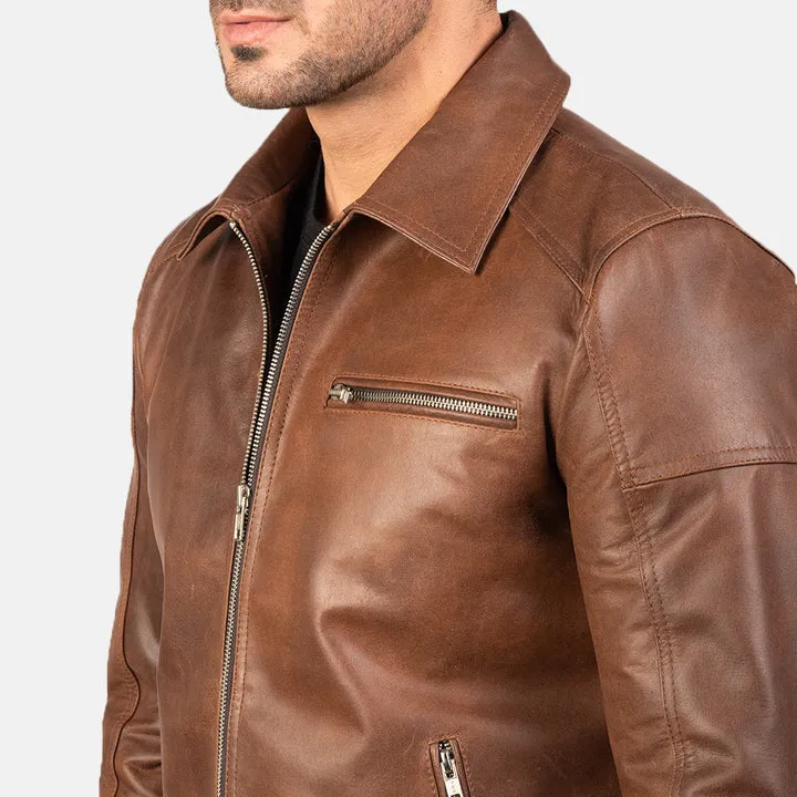 Lavendard Brown Leather Biker Jacket - Image 3