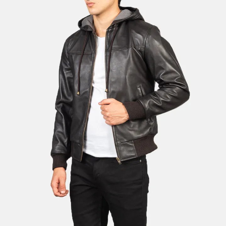 Nintenzo Brown Hooded Leather Bomber Jacket - Image 6