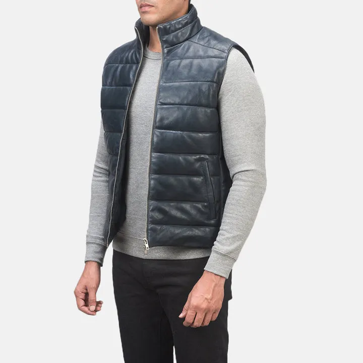 Reeves Blue Leather Puffer Vest - Image 3