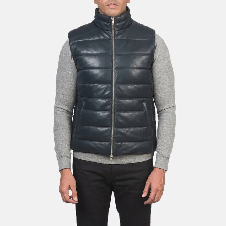 Reeves Blue Leather Puffer Vest - Image 5