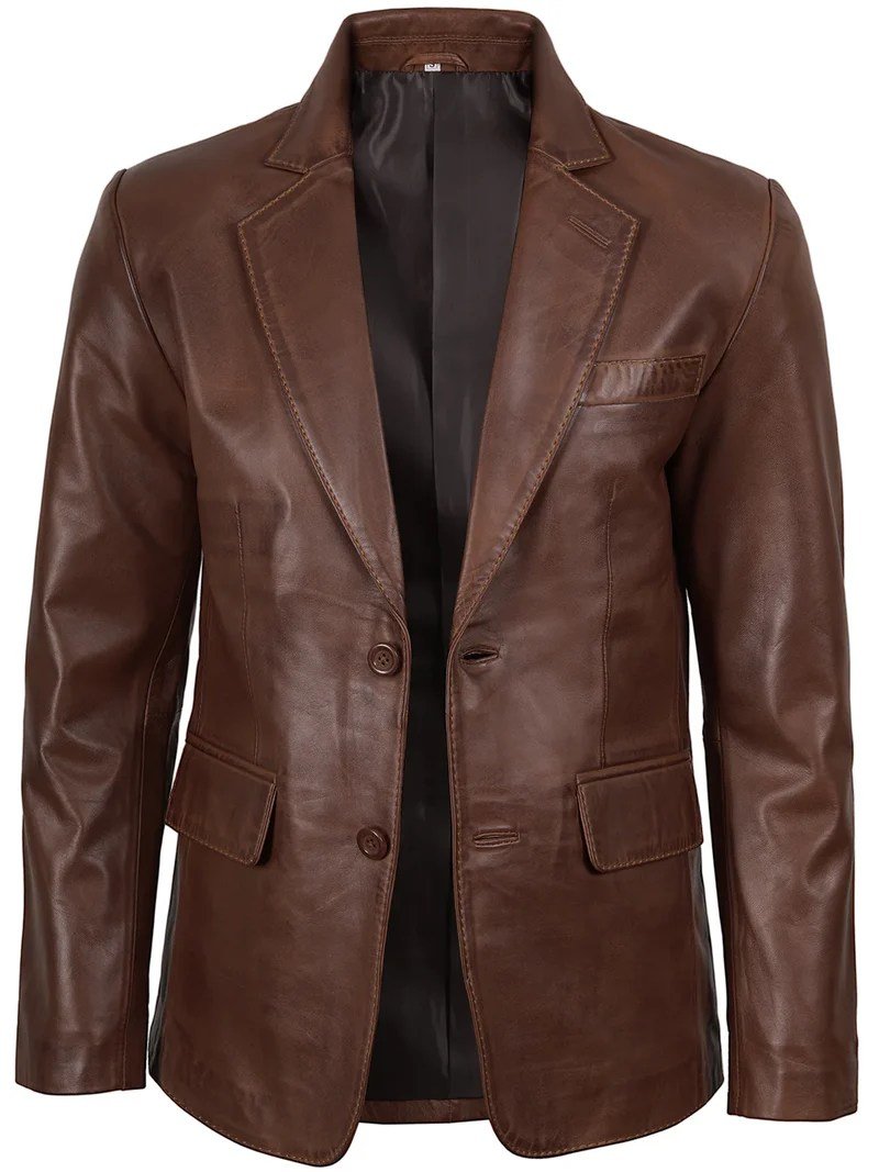 Men’s Two Button Cognac Wax Real Leather Blazer