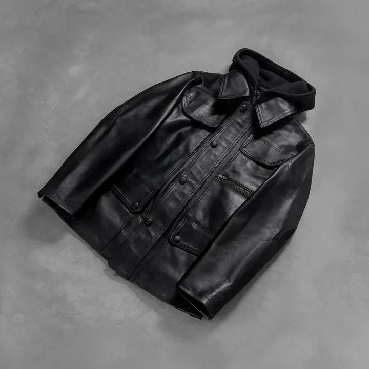 Moulder Hooded Black Leather Jacket - Image 8