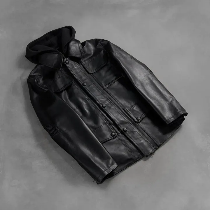 Moulder Hooded Black Leather Jacket - Image 7