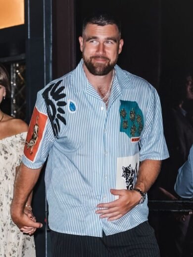 NYC 2026 Travis Kelce Light Blue Striped Bowling Shirt