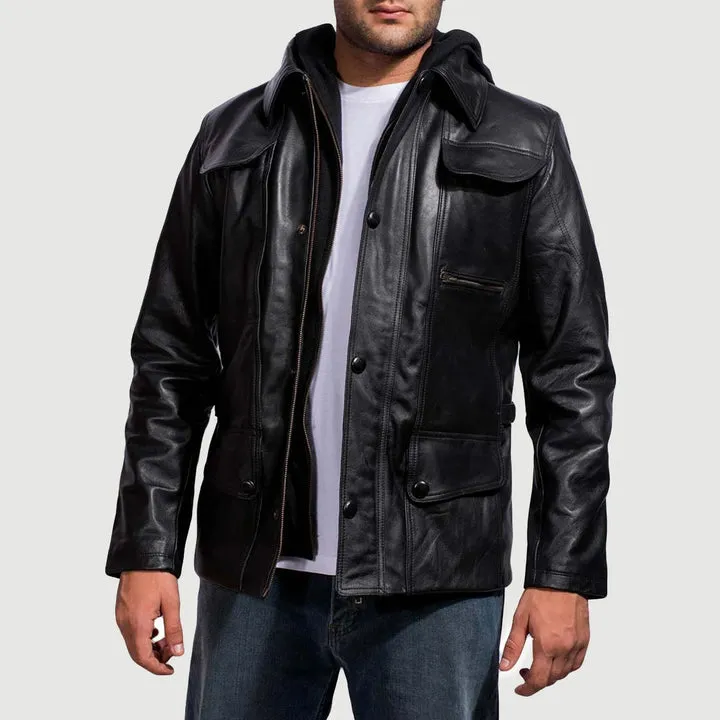 Moulder Hooded Black Leather Jacket - Image 2