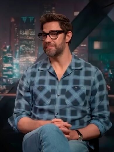 Press Junket 2026 John Krasinski Blue Plaid Shirt