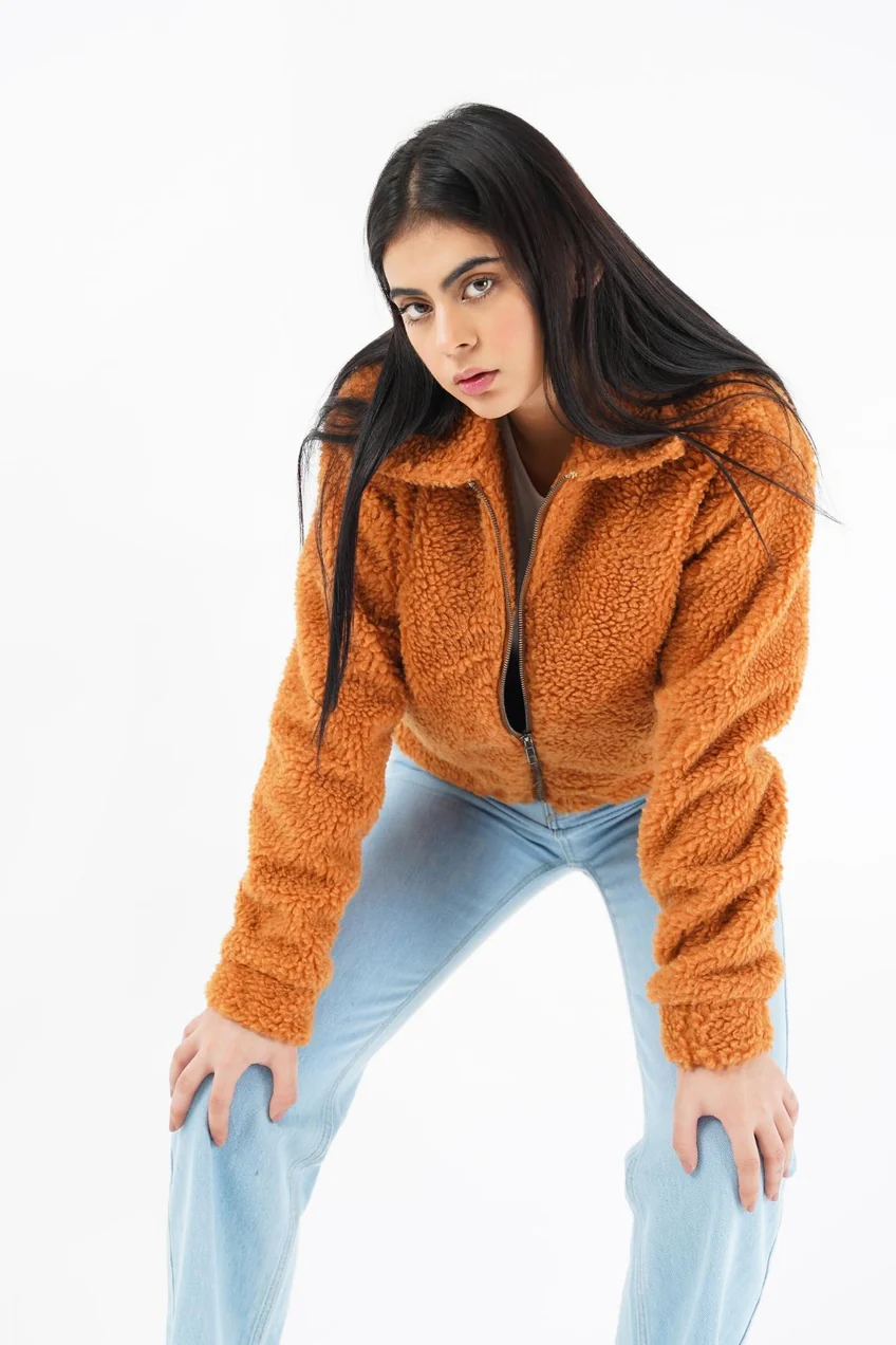 Teddy Faux Fur Bomber Jacket – Camel - Image 2