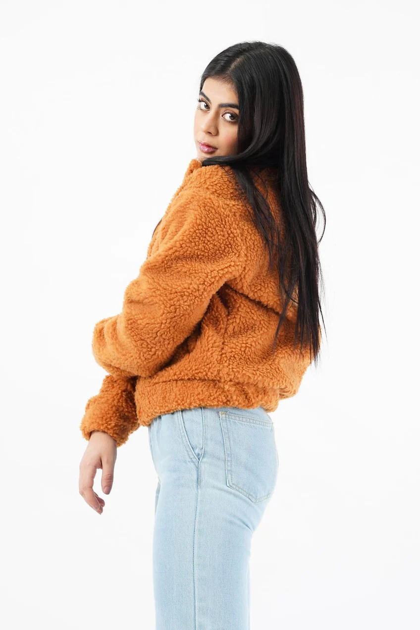 Teddy Faux Fur Bomber Jacket – Camel - Image 3