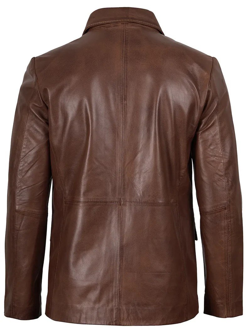 Men’s Two Button Cognac Wax Real Leather Blazer - Image 2