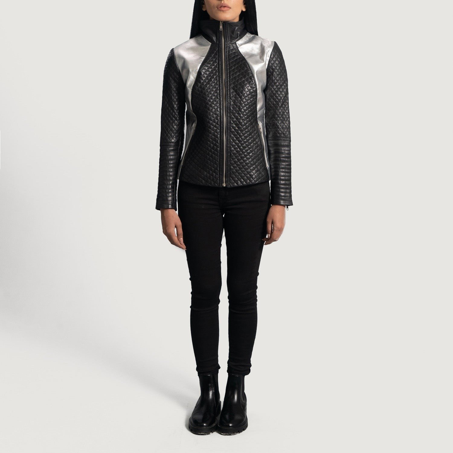 Alia Metallic Black Leather Biker Jacket - Image 4