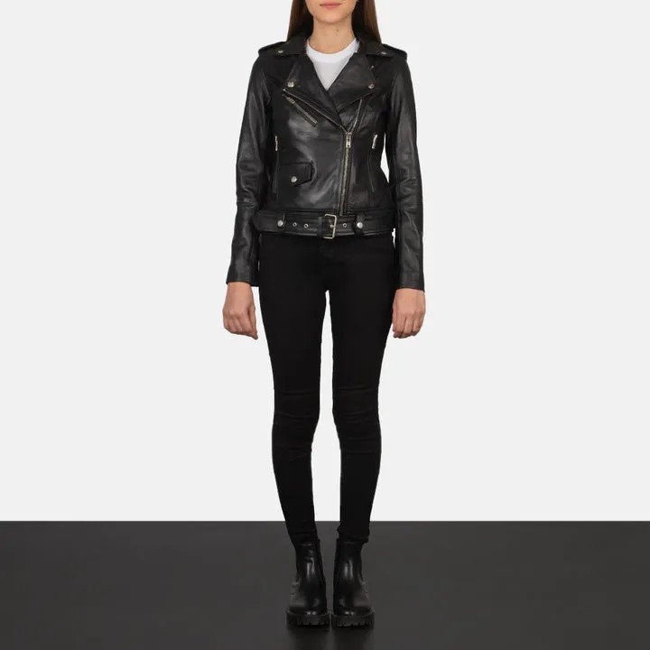 Alison Black Leather Biker Jacket - Image 2