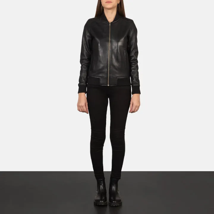 Bliss Black Leather Bomber Jacket - Image 3
