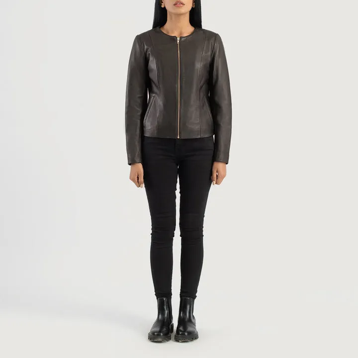 Elixir Brown Collarless Leather Jacket - Image 3
