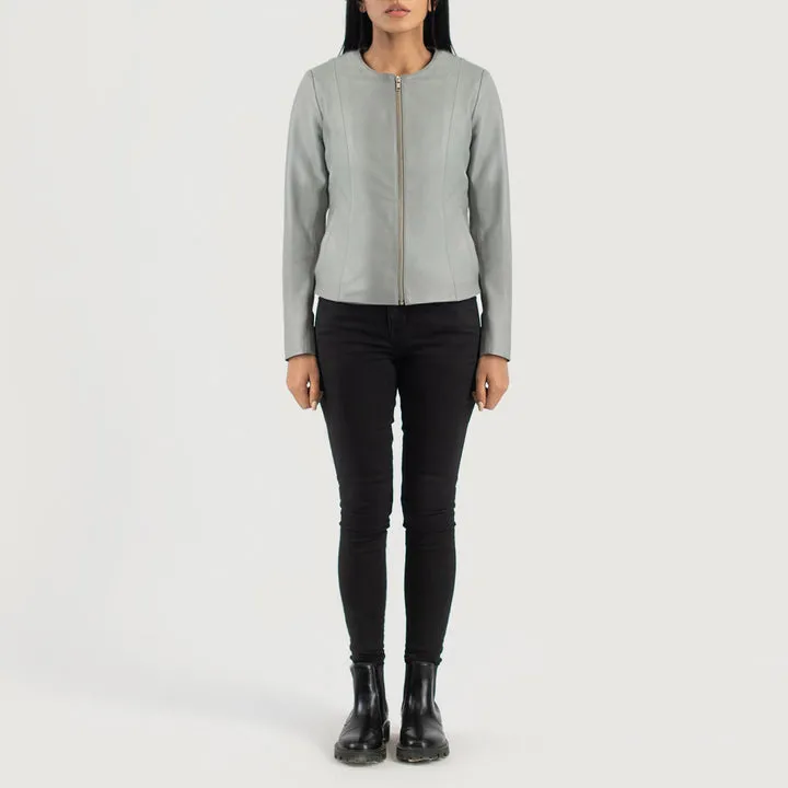 Elixir Grey Collarless Leather Jacket - Image 4