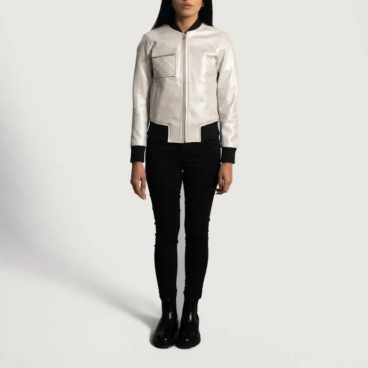 Lana Silver Leather Bomber Jacket - Image 4
