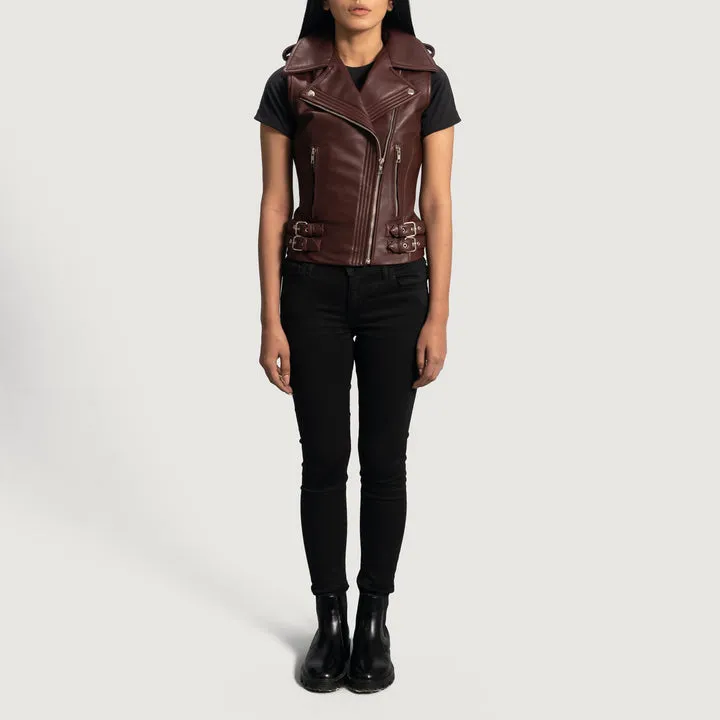 Rhonda Maroon Leather Biker Vest - Image 4
