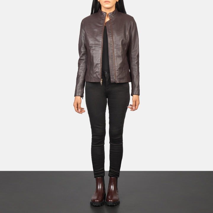 Rumella Maroon Leather Biker Jacket - Image 3