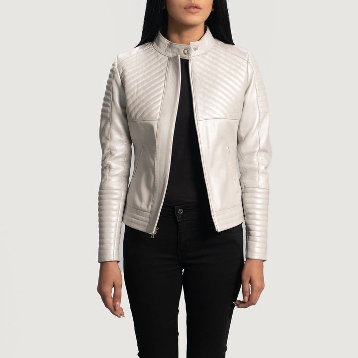 Ice Maiden Silver Quilted Leather Biker Jacket - Image 3