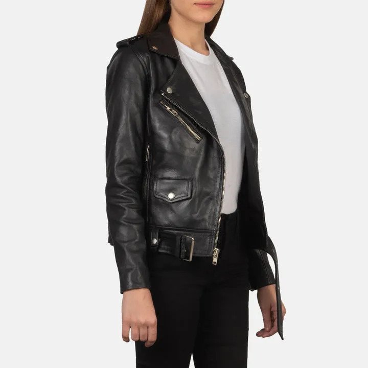 Alison Black Leather Biker Jacket - Image 5