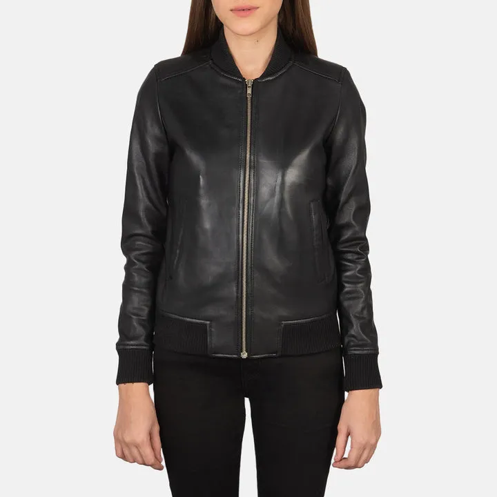 Bliss Black Leather Bomber Jacket - Image 4