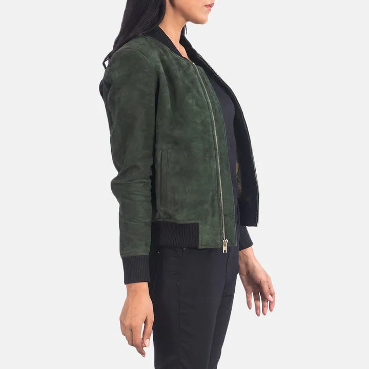 Bliss Green Suede Bomber Jacket - Image 6