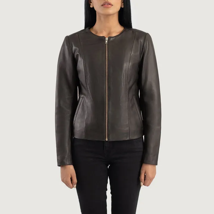Elixir Brown Collarless Leather Jacket - Image 4