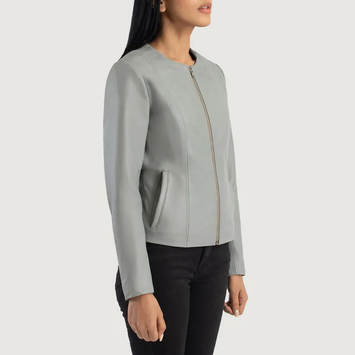 Elixir Grey Collarless Leather Jacket - Image 2