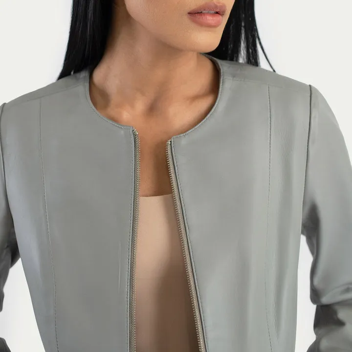 Elixir Grey Collarless Leather Jacket - Image 5