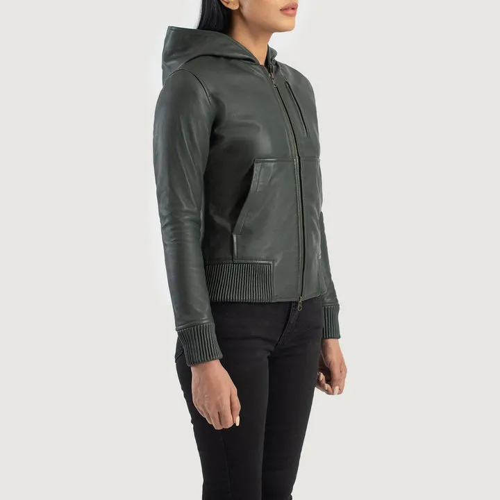 Luna Green Hooded Leather Bomber Jacket - Image 2