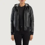Rebella Black Hooded Leather Bomber Jacket