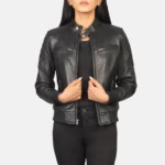 Zenna Black Leather Bomber Jacket