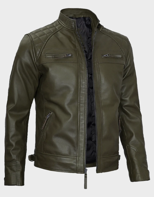 Mens Quilted Shoulder Olive Green Biker Leather Jacket