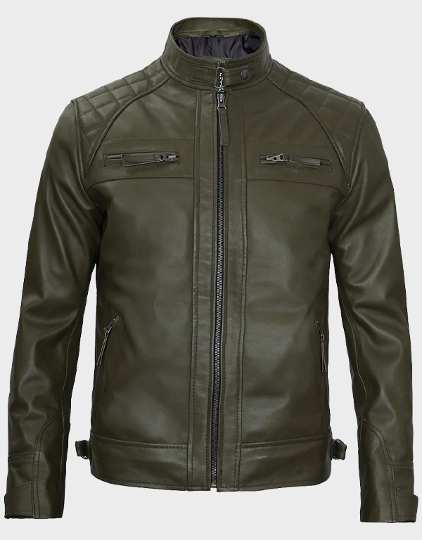 Mens Quilted Shoulder Olive Green Biker Leather Jacket - Image 2