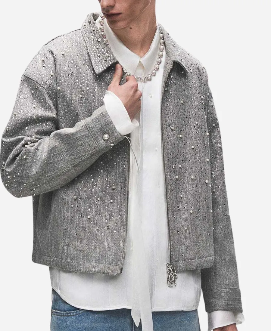 Birth Of Royal Child Rhinestone Zipper Work Jacket - Image 2